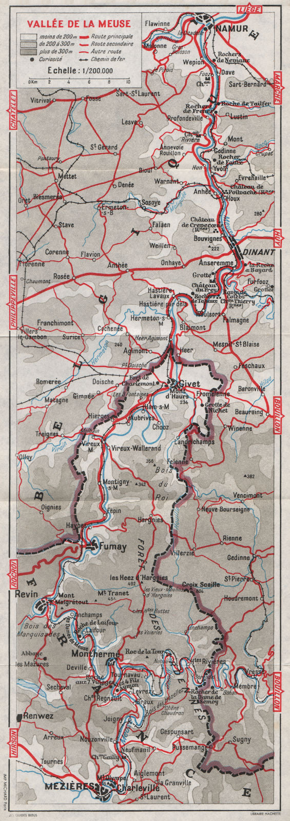 VALLÉE DE LA MEUSE valley. Namur-Dinant-Charleville-Mezières. Belgium 1955 map
